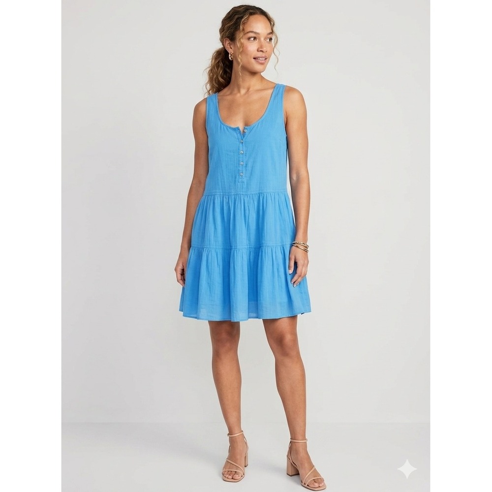 J.Crew Dress Womens Medium Blue C0760 Tiered Gauze Mini Sleeveless Summer Cotton